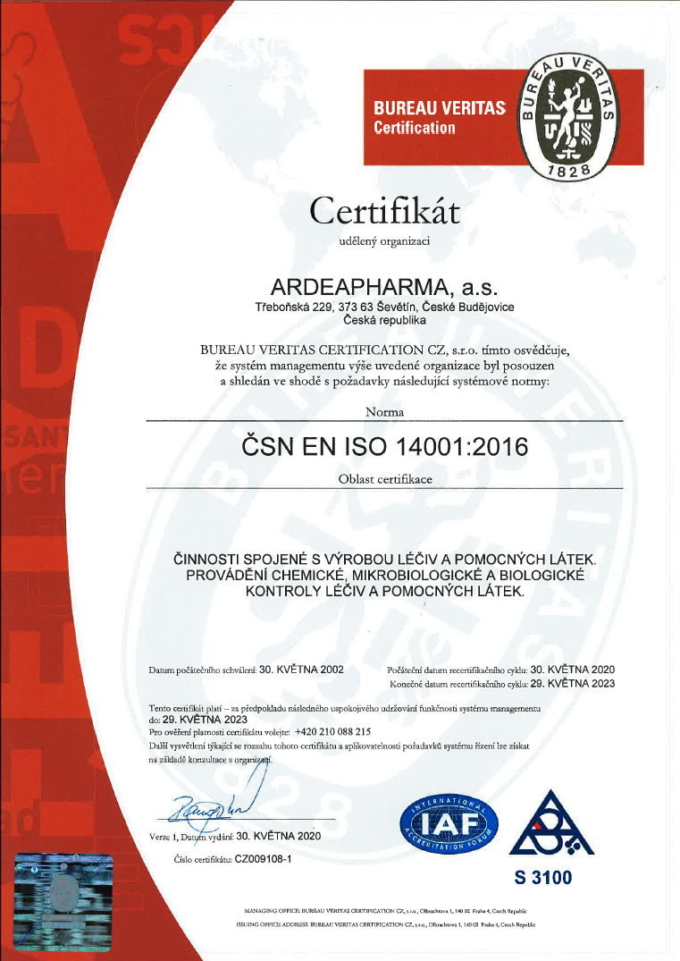 Certifikát ISO 14001 - 2016